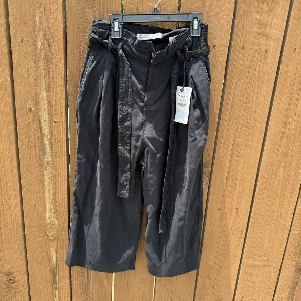 Zara Cropped Trousers Belted Wide‎ Leg Black Size M